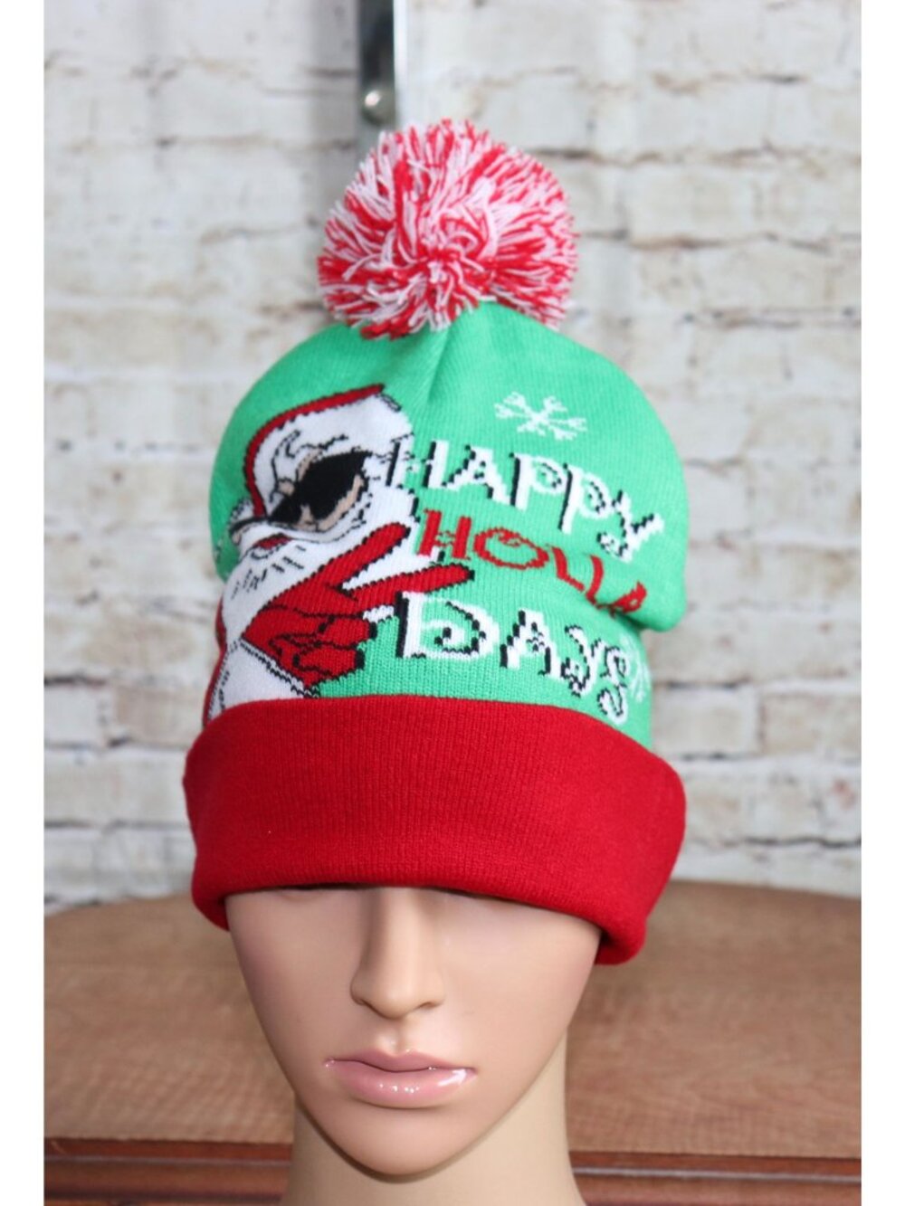 Santa Graphic Knit Beanie Hat With Pom Pom In Green & Red